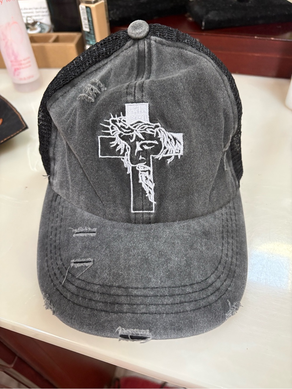 NEW Distressed Gray Trucker Cap with White Cross & Embroidered Portrait